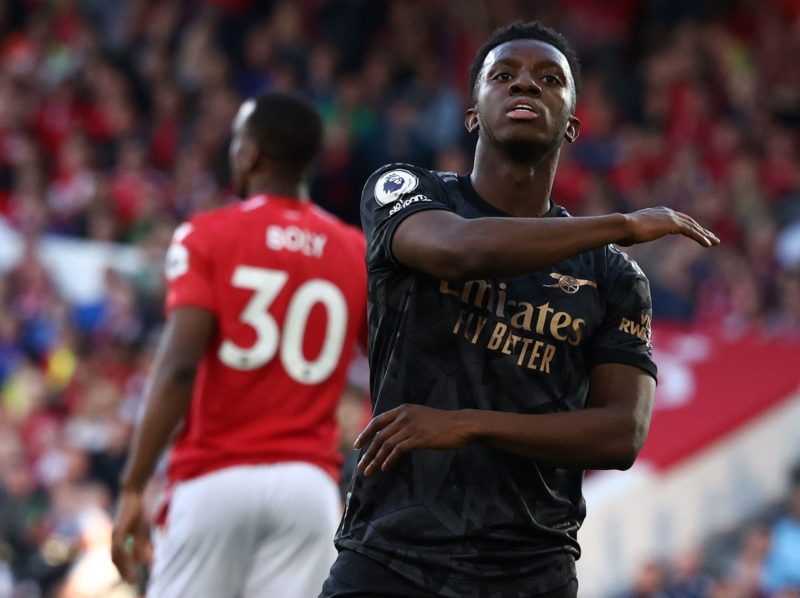 Arsenal's English striker Eddie Nketiah reacts after failing to score during the English Premier League football match between Nottingham Forest and Arsenal at The City Ground in Nottingham, central England, on May 20, 2023. (Photo by DARREN STAPLES/AFP via Getty Images)