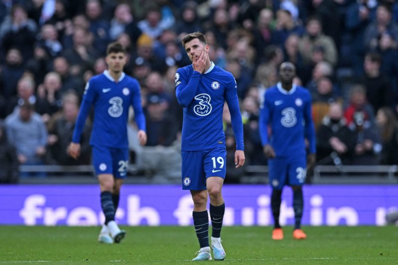 Arsenal transfers - Chelsea's English midfielder Mason Mount (C) reacts after they concede their second goal during the English Premier League football match between Tottenham Hotspur and Chelsea at Tottenham Hotspur Stadium in London, on February 26, 2023.(Photo by JUSTIN TALLIS/AFP via Getty Images)