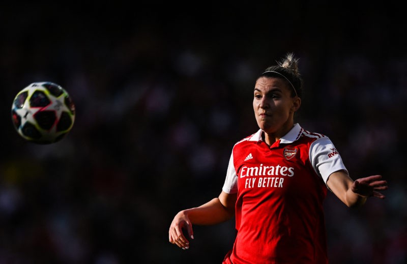 Arsenal's Australian defender Steph Catley eyes the ball during the UEFA Women's Champions League semi-final second-leg match between Arsenal and W...