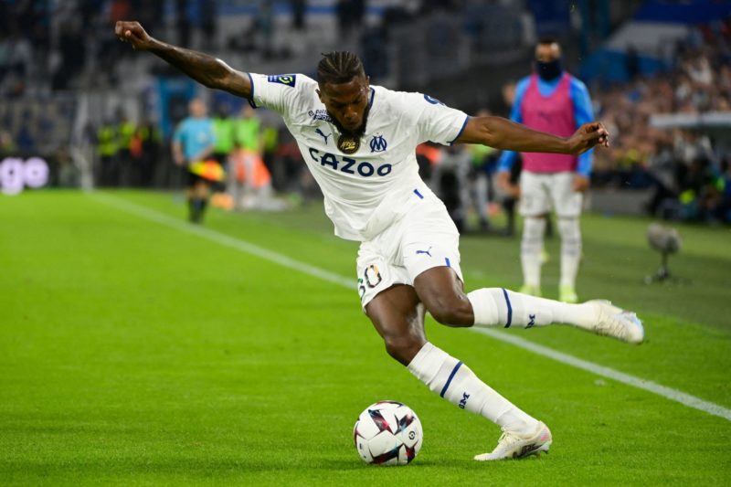 Marseille's Portuguese defender Nuno Tavares controls the ball during the French L1 football match between Olympique Marseille (OM) and AJ Auxerre ...
