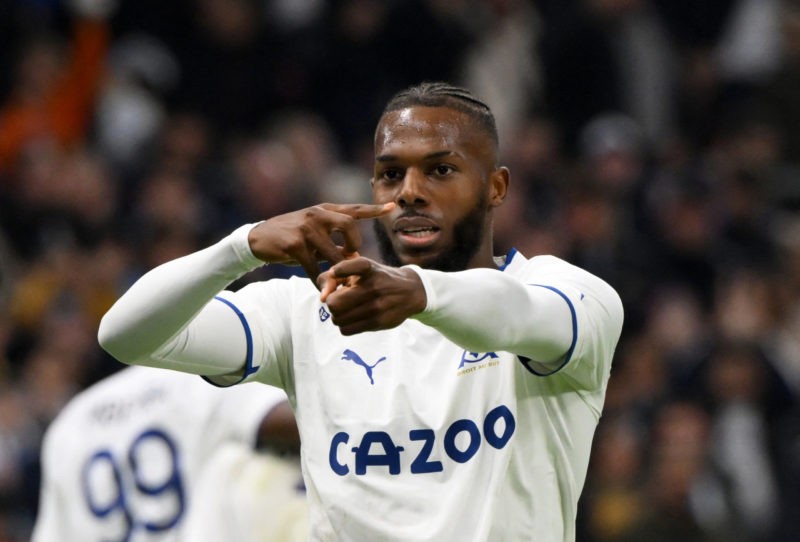 Marseille's Portuguese defender Nuno Tavares celebrates after scoring a goal during the French L1 football match between Olympique de Marseille and...