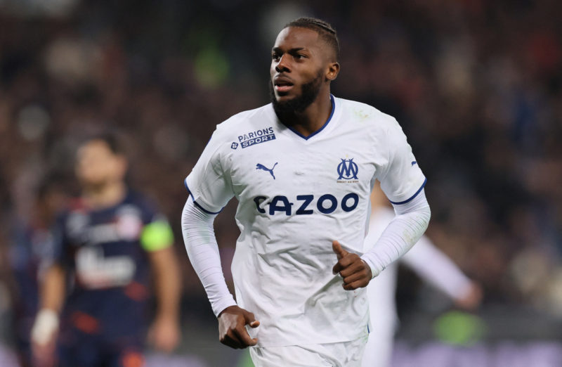 Marseille's Portuguese defender Nuno Tavares celebrates scoring his team's first goal during the the French L1 football match between Montpellier H...