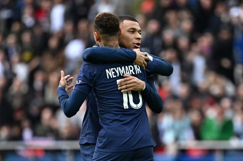 Neymar advised to sign for Arsenal not Newcastle 3 Neymar transfer news - Paris Saint-Germain's Brazilian forward Neymar (L) celebrates with Paris Saint-Germain's French forward Kylian Mbappe (R) after scoring his team's second goal the French L1 football match between Paris Saint-Germain (PSG) and Lille LOSC at The Parc des Princes Stadium in Paris on February 19, 2023. (Photo by ANNE-CHRISTINE POUJOULAT/AFP via Getty Images)