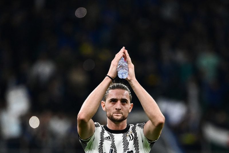 Juventus' French midfielder Adrien Rabiot reacts at the end of the Italian Cup semi-final second leg football match between Inter Milan and Juventu...