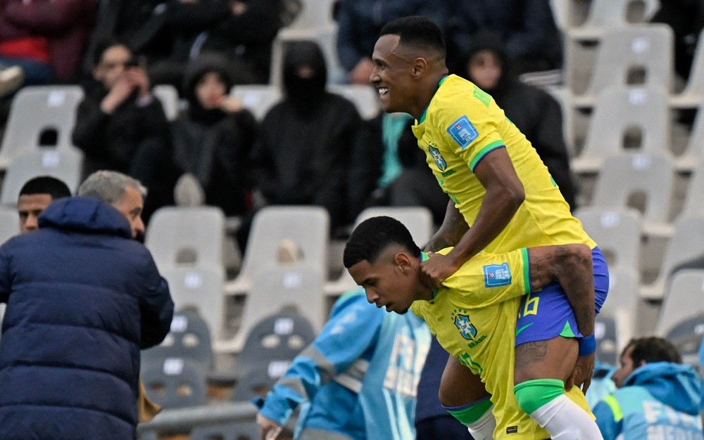 Arsenal news and gossip - Brazil's forward Marquinhos (R) celebrates with Brazil's midfielder Savio after scoring during the Argentina 2023 U-20 Wo...