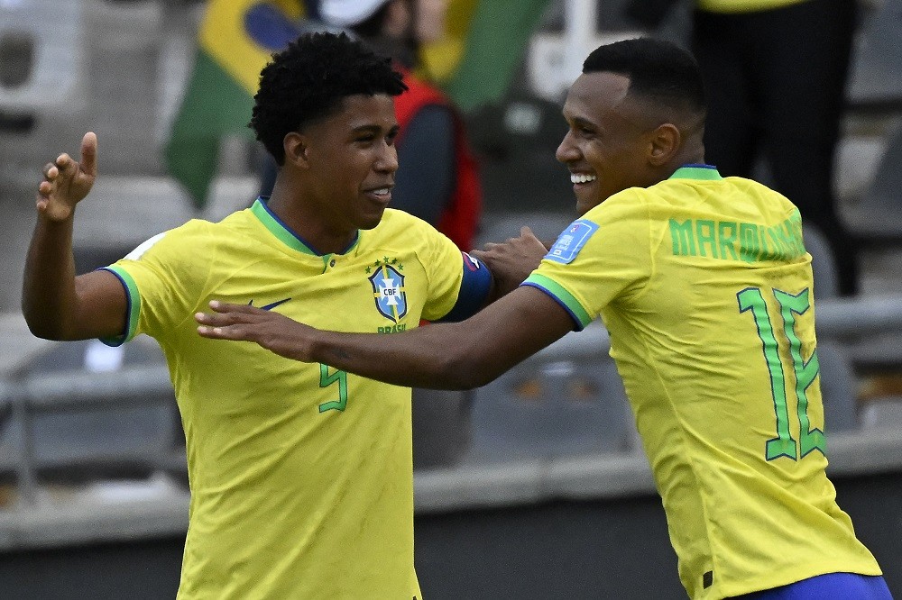 Arsenal news and gossip - Brazil's forward Marquinhos (R) celebrates with Brazil's midfielder Andrey Santos after scoring during the Argentina 2023...