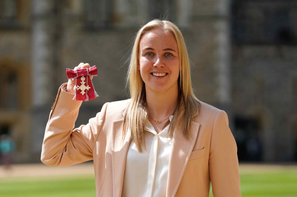 Arsenal star to receive MBE 3 WINDSOR, ENGLAND - MAY 10: Beth Mead poses after being made a Member of the Order of the British Empire (MBE) by the Prince of Wales, for services to football after winning the 2022 European Championship with England, during an investiture ceremony at Windsor Castle on May 10, 2023 in Windsor, United Kingdom. (Photo by Andrew Matthews - WPA Pool/Getty Images)