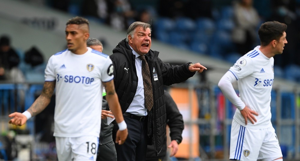 LEEDS, ENGLAND: Sam Allardyce reacts on the touchline in his last match as West Brom manager during the Premier League match between Leeds United a...
