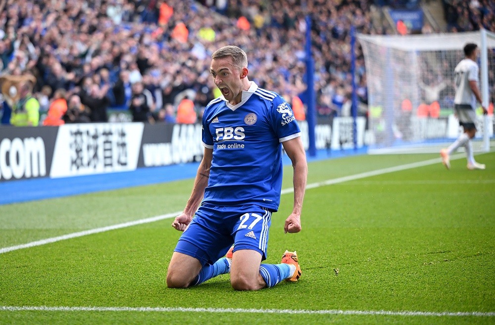 LEICESTER, ENGLAND: Timothy Castagne of Leicester City celebrates after scoring the team's second goal during the Premier League match between Leicester City and Wolverhampton Wanderers at The King Power Stadium on April 22, 2023. (Photo by Clive Mason/Getty Images)