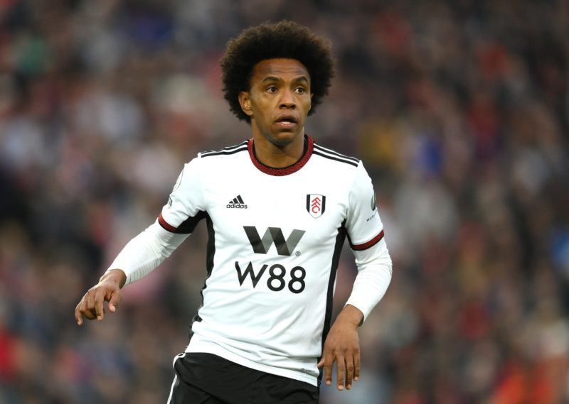 LIVERPOOL, ENGLAND - MAY 03: Willian of Fulham during the Premier League match between Liverpool FC and Fulham FC at Anfield on May 03, 2023 in Liv...