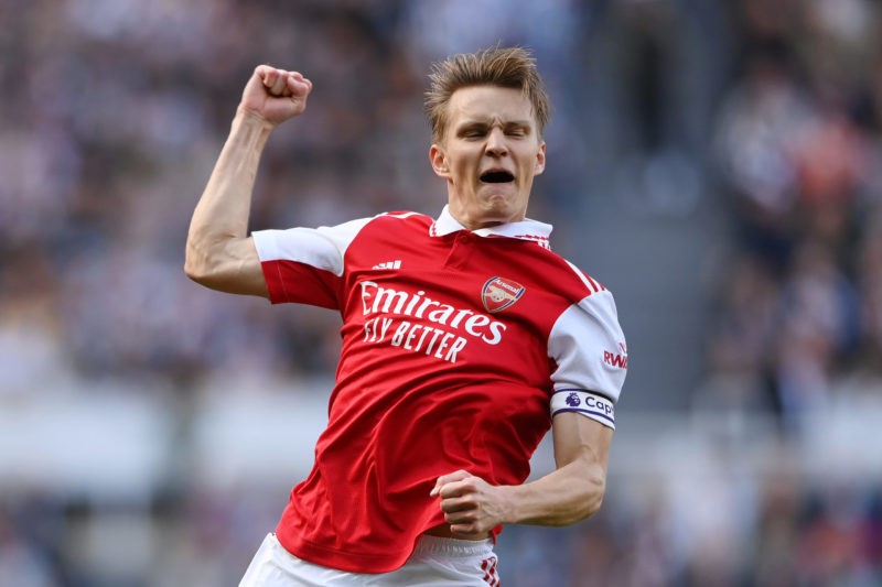 Bukayo Saka & Martin Odegaard new deals & the race for Declan Rice 2 NEWCASTLE UPON TYNE, ENGLAND - MAY 07: Martin Odegaard of Arsenal celebrates after scoring the team's first goal during the Premier League match between Newcastle United and Arsenal FC at St. James Park on May 07, 2023 in Newcastle upon Tyne, England. (Photo by Stu Forster/Getty Images)