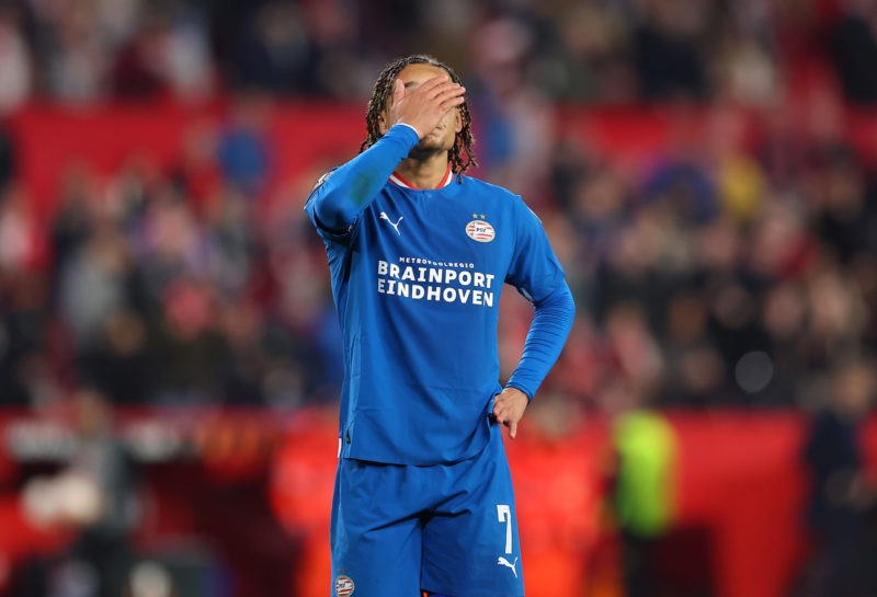 Xavi Simons's agent change stokes the flames of Arsenal transfer rumours 3 Arsenal transfer news - SEVILLE, SPAIN - FEBRUARY 16: Xavi Simons of PSV Eindhoven looks dejected following the team's defeat during the UEFA Europa League knockout round play-off leg one match between Sevilla FC and PSV Eindhoven at Estadio Ramon Sanchez Pizjuan on February 16, 2023 in Seville, Spain. (Photo by Fran Santiago/Getty Images)