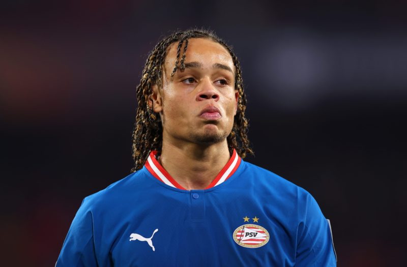 Arsenal transfers - SEVILLE, SPAIN - FEBRUARY 16: Xavi Simons of PSV Eindhoven looks dejected following the team's defeat during the UEFA Europa Le...