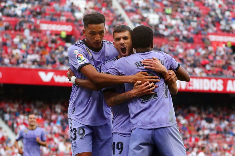 Arsenal ex-player news - SEVILLE, SPAIN - MAY 27: Rodrygo of Real Madrid celebrates with teammates Alvaro Rodriguez and Dani Ceballos after scoring the team's second goal during the LaLiga Santander match between Sevilla FC and Real Madrid CF at Estadio Ramon Sanchez Pizjuan on May 27, 2023 in Seville, Spain. (Photo by Fran Santiago/Getty Images)