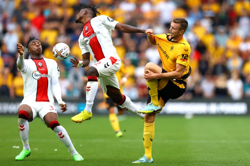 3 more Arsenal players likely to miss final game vs Wolves 7 WOLVERHAMPTON, ENGLAND - SEPTEMBER 03: Sasa Kalajdzic of Wolverhampton Wanderers is challenged by Armel Bella-Kotchap and Mohammed Salisu of Southampton during the Premier League match between Wolverhampton Wanderers and Southampton FC at Molineux on September 03, 2022 in Wolverhampton, England. (Photo by Michael Steele/Getty Images)
