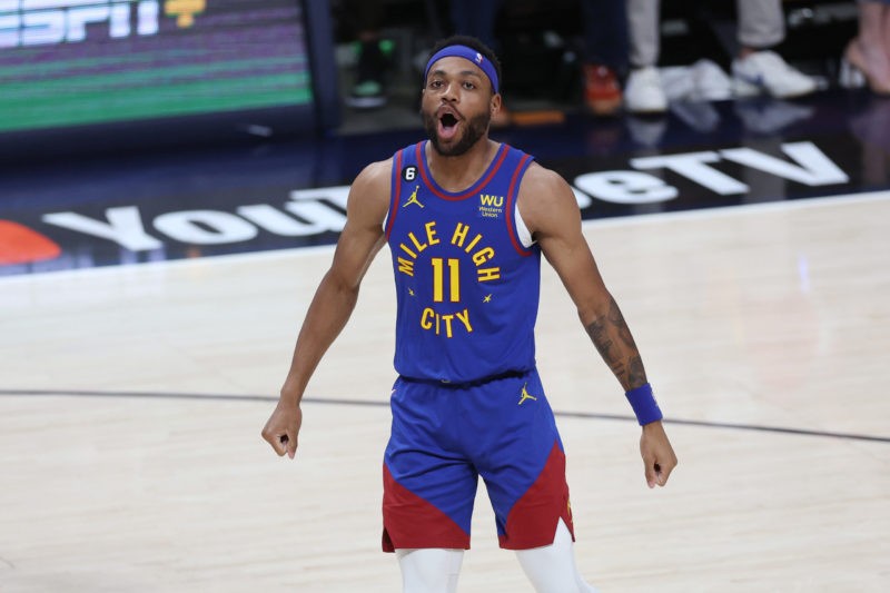DENVER, COLORADO - JUNE 01: Bruce Brown #11 of the Denver Nuggets reacts after a basket during the third quarter against the Miami Heat in Game One of the 2023 NBA Finals at Ball Arena on June 01, 2023 in Denver, Colorado. NOTE TO USER: User expressly acknowledges and agrees that, by downloading and or using this photograph, User is consenting to the terms and conditions of the Getty Images License Agreement. (Photo by Matthew Stockman/Getty Images)