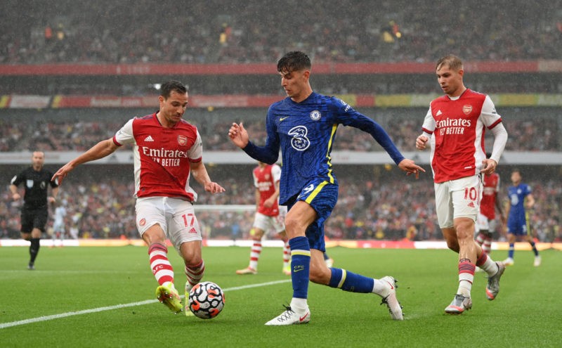 Kai Havertz in Arsenal kit photo leaked 3 LONDON, ENGLAND - AUGUST 22: Kai Havertz of Chelsea battles for possession with Cedric Soares of Arsenal during the Premier League match between Arsenal and Chelsea at Emirates Stadium on August 22, 2021 in London, England. (Photo by Michael Regan/Getty Images)