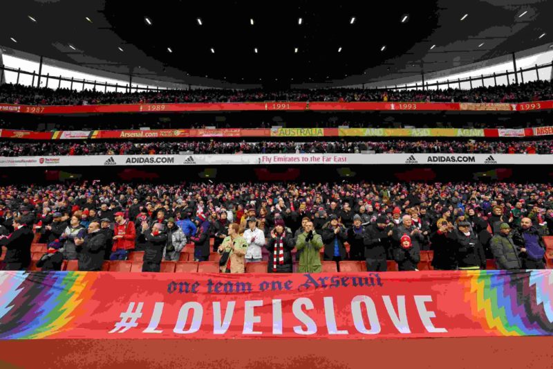 Arsenal champions LGBTQ+ rights during Pride Month 2 LONDON, ENGLAND - NOVEMBER 27: A rainbow flag is unveiled as clubs show support for the Stonewall Rainbow Laces campaign prior to the Premier League match between Arsenal and Newcastle United at Emirates Stadium on November 27, 2021 in London, England. (Photo by Richard Heathcote/Getty Images)