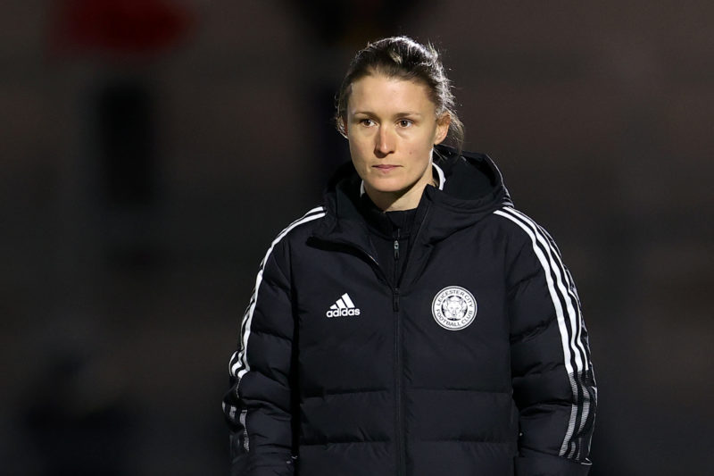 BOREHAMWOOD, ENGLAND - DECEMBER 12: Lydia Bedford, Manager of Leicester City looks on during the warm up prior to the Barclays FA Women's Super Lea...