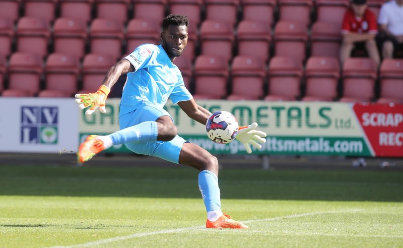 CREWE, ENGLAND - AUGUST 20: Arthur Okonkwo of Crewe Alexandra in action during the Sky Bet League Two between Crewe Alexandra and Northampton Town ...