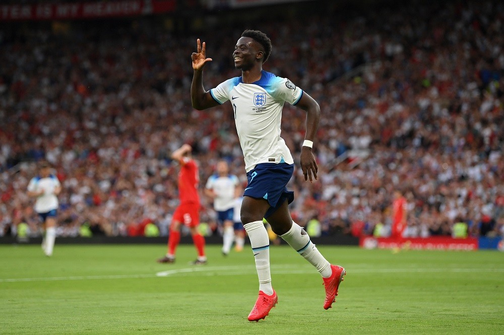 MANCHESTER, ENGLAND: Bukayo Saka of England celebrates after scoring the team's fifth goal and his third during the UEFA EURO 2024 qualifying round...