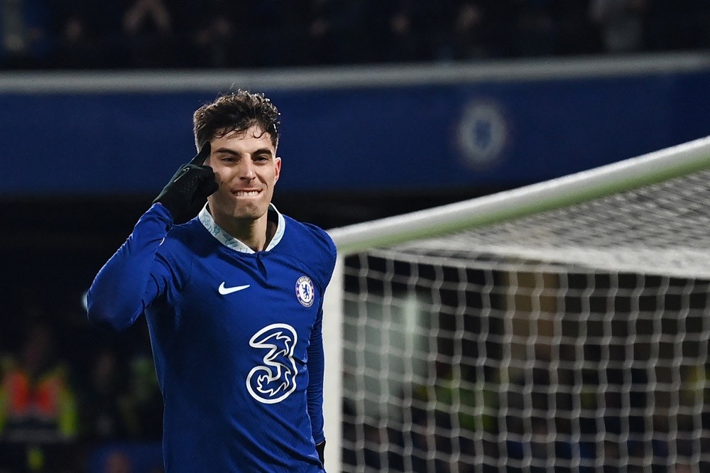 Chelsea's German midfielder Kai Havertz celebrates after scoring his team's second goal during the English Premier League football match between Ch...