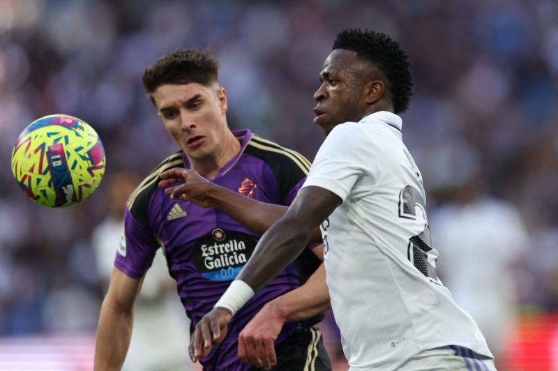 Real Valladolid's Spanish defender Ivan Fresneda (L) vies with Real Madrid's Brazilian forward Vinicius Junior during the Spanish league football m...