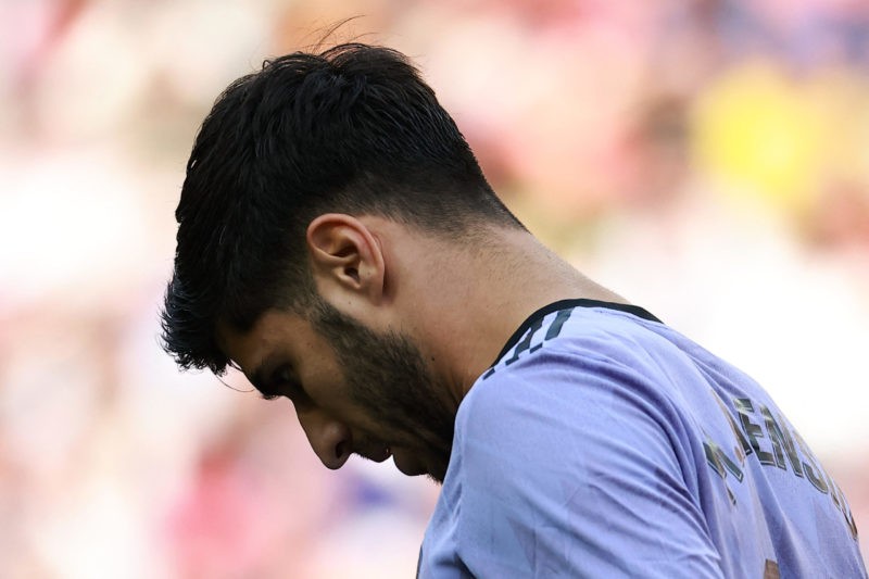 Real Madrid's Spanish midfielder Marco Asensio reacts during the Spanish league football match between Valencia CF and Real Madrid CF at the Mestal...
