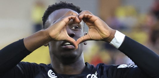 Folarin Balogun Arsenal exit -Reims' English forward Folarin Balogun celebrates after scoring a goal during the French L1 football match between AS Monaco and Stade de Reims at the Louis II Stadium (Stade Louis II) in the Principality of Monaco on March 12, 2023. (Photo by VALERY HACHE/AFP via Getty Images)
