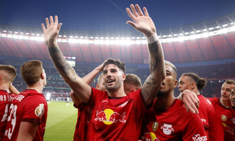Are Arsenal making Szoboszlai move again? 6 Leipzig's Hungarian midfielder Dominik Szoboszlai (C) celebrates with teammates after scoring the 2-0 goal during the German Cup (DFB Pokal) final football match RB Leipzig v Eintracht Frankfurt in Berlin, Germany, on June 3, 2023. (Photo by ODD ANDERSEN/AFP via Getty Images)