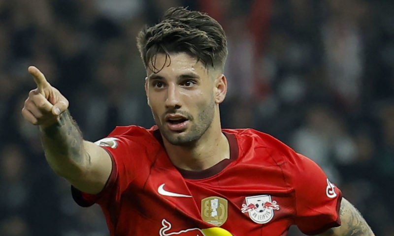 Leipzig's Hungarian midfielder Dominik Szoboszlai celebrates after scoring the 2-0 goal during the German Cup (DFB Pokal) final football match RB L...