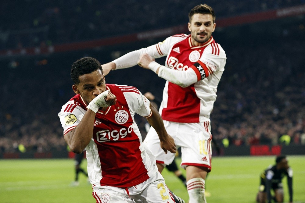 Ajax's Jurrien Timber of Ajax celebrates after scoring a goal during the Dutch premier league football match between Ajax Amsterdam and RKC Waalwij...