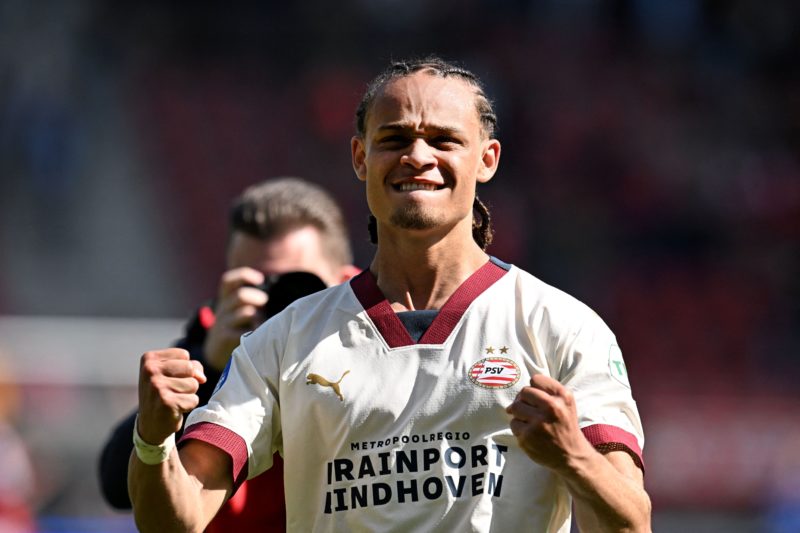 PSV's Dutch midfielder Xavi Simons celebrates his team's 1-2 victory after the Dutch Eredivisie match between AZ Alkmaar and PSV Eindhoven at AFAS ...