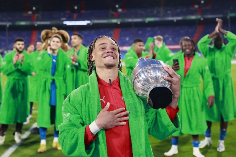 PSV's Dutch midfielder Xavi Simons of PSV Eindhoven celebrates after winning the KNVB Cup final between PSV Eindhoven and Ajax Amsterdam at the Sta...