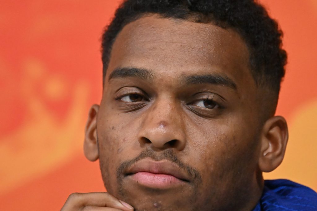 Netherlands' defender Jurrien Timber attends a press conference at Qatar University training sites in Doha on December 6, 2022 during the Qatar 2022 World Cup football tournament. (Photo by ALBERTO PIZZOLI/AFP via Getty Images)