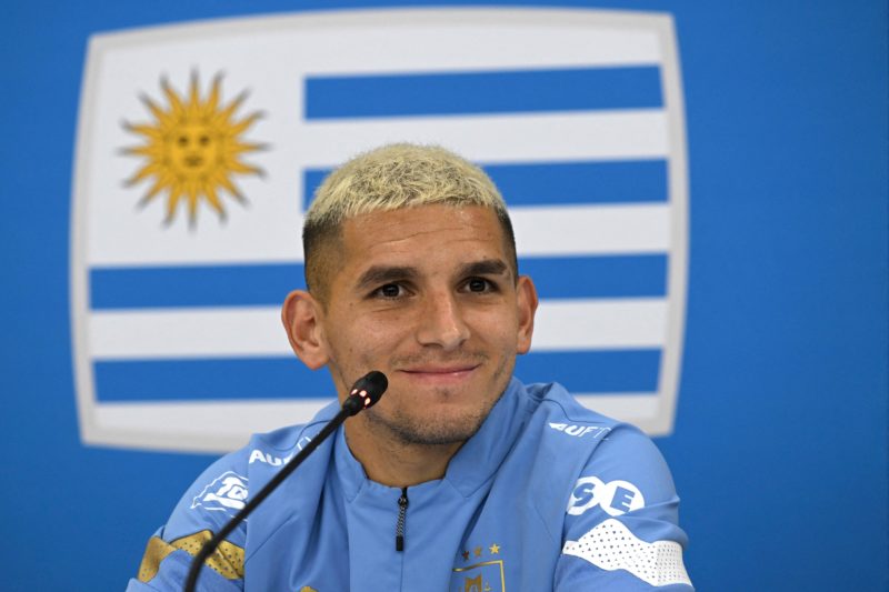 Uruguay's midfielder Lucas Torreira gives a press confernce at Al Erssal in Doha on November 22, 2022 during the Qatar 2022 World Cup football tour...