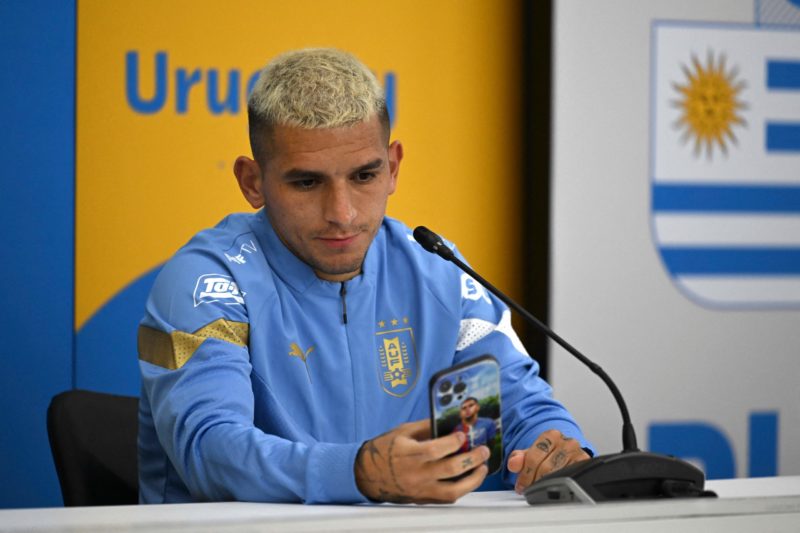 Uruguay's midfielder Lucas Torreira gives a press confernce at Al Erssal in Doha on November 22, 2022 during the Qatar 2022 World Cup football tour...