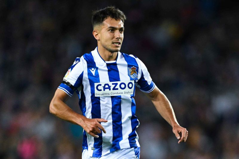 BARCELONA, SPAIN - MAY 20: Martin Zubimendi of Real Sociedad looks on during the LaLiga Santander match between FC Barcelona and Real Sociedad at S...