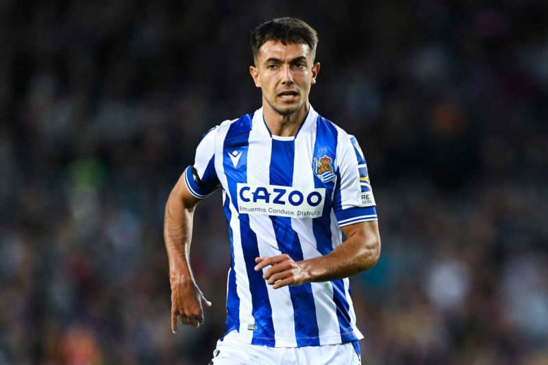 BARCELONA, SPAIN - MAY 20: Martin Zubimendi of Real Sociedad looks on during the LaLiga Santander match between FC Barcelona and Real Sociedad at S...
