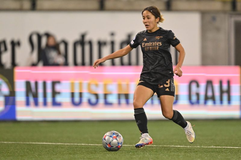 SCHAFFHAUSEN, SWITZERLAND - DECEMBER 21: Mana Iwabuchi of Arsenal Women FC plays the ball during the UEFA Women's Champions League group C match between FC Zürich and Arsenal at WeFox Arena on December 21, 2022 in Schaffhausen, Switzerland. (Photo by Sebastian Widmann/Getty Images)