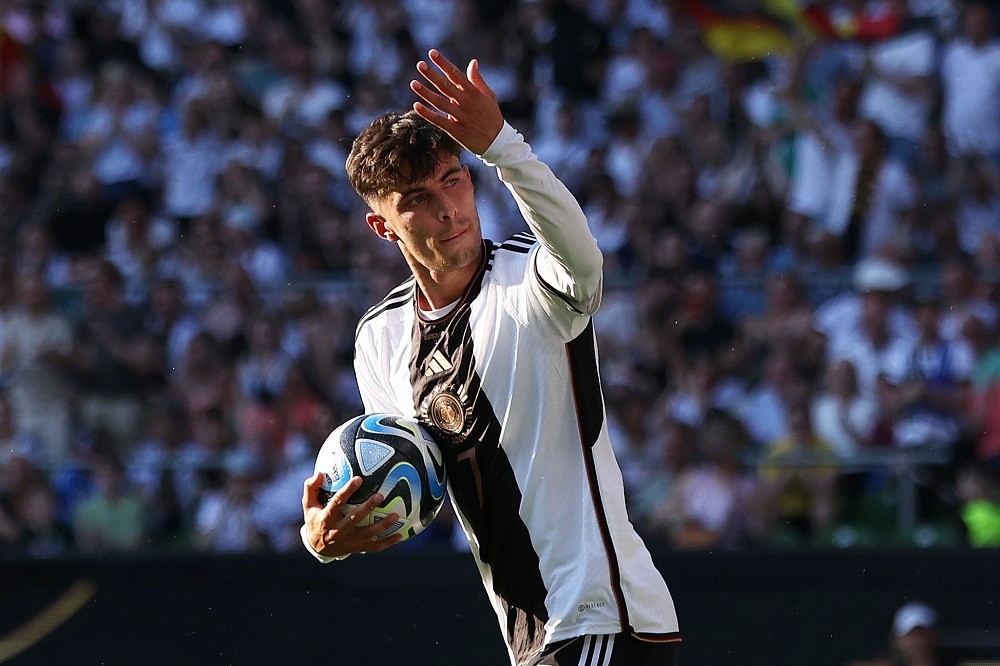 BREMEN, GERMANY: Kai Havertz of Germany celebrates after scoring the team's second goal during the International Friendly match between Germany and Ukraine at Wohninvest Weserstadion on June 12, 2023. (Photo by Maja Hitij/Getty Images)