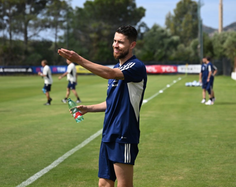 SANTA MARGHERITA DI PULA, ITALY - JUNE 08:  Jorginho of Italy reacts during training session at Forte Village Resort on June 08, 2023 in Santa Margherita di Pula, Italy. (Photo by Claudio Villa/Getty Images)