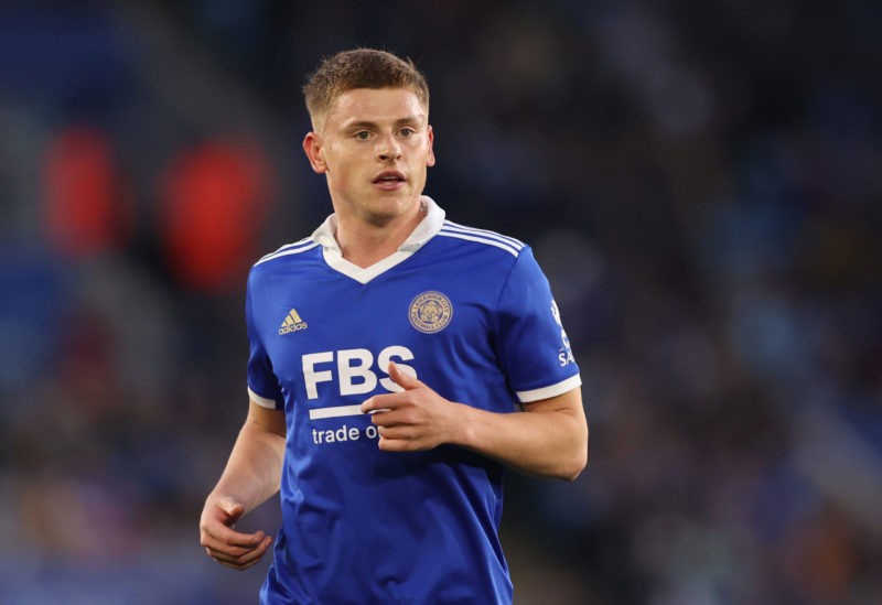 LEICESTER, ENGLAND - MAY 01: Harvey Barnes of Leicester City during the Premier League match between Leicester City and Everton FC at The King Power Stadium on May 01, 2023 in Leicester, England. (Photo by Catherine Ivill/Getty Images)