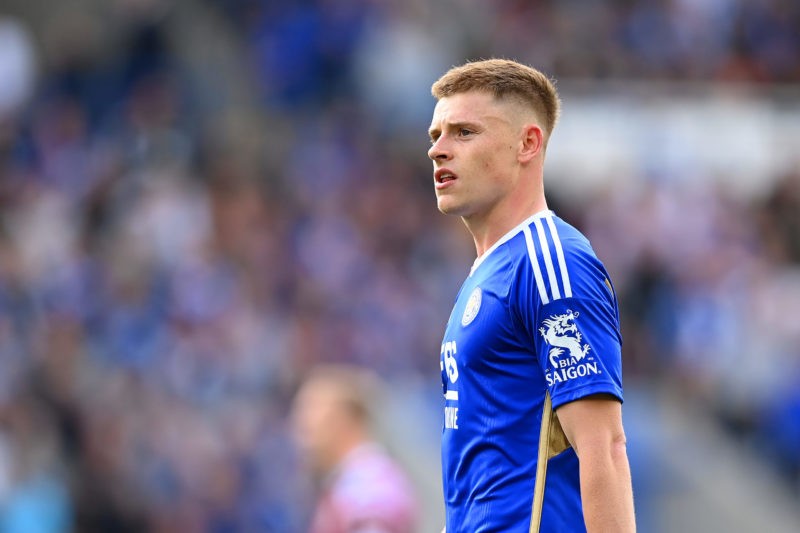LEICESTER, ENGLAND - MAY 28: Harvey Barnes of Leicester looks on during the Premier League match between Leicester City and West Ham United at The King Power Stadium on May 28, 2023 in Leicester, England. (Photo by Michael Regan/Getty Images)