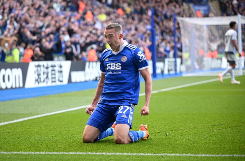 LEICESTER, ENGLAND - APRIL 22: Timothy Castagne of Leicester City celebrates after scoring the team's second goal during the Premier League match b...