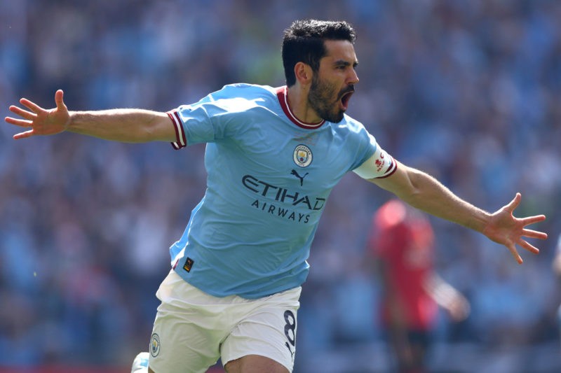 LONDON, ENGLAND - JUNE 03: Ilkay Guendogan of Manchester City celebrates after scoring the team's first goal during the Emirates FA Cup Final betwe...