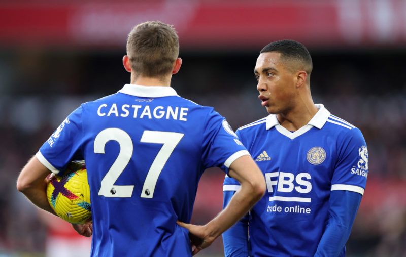 NOTTINGHAM, ENGLAND - JANUARY 14: Youri Tielemans of Leicester City speaks to Timothy Castagne during the Premier League match between Nottingham Forest and Leicester City at City Ground on January 14, 2023 in Nottingham, England. (Photo by Catherine Ivill/Getty Images)