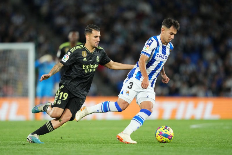 Martin Zubimendi dismisses Barcelona, keeps Arsenal guessing 2 SAN SEBASTIAN, SPAIN - MAY 02: Martin Zubimendi of Real Sociedad runs with the ball whilst under pressure from Dani Ceballos of Real Madrid during the LaLiga Santander match between Real Sociedad and Real Madrid CF at Reale Arena on May 02, 2023 in San Sebastian, Spain. (Photo by Juan Manuel Serrano Arce/Getty Images)