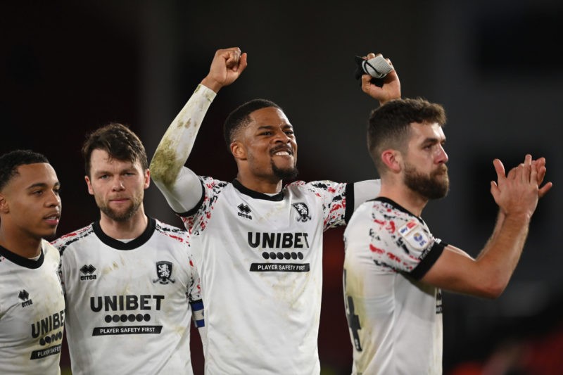 SHEFFIELD, ENGLAND - FEBRUARY 15: Chuba Akpom of Middlesbrough celebrates victory following the Sky Bet Championship between Sheffield United and Middlesbrough at Bramall Lane on February 15, 2023 in Sheffield, England. (Photo by Michael Regan/Getty Images)