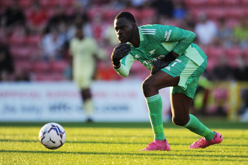 Arsenal 'happy' as 20yo improves rapidly 6 SWINDON, ENGLAND - SEPTEMBER 07: Ovie Ejeheri of Arsenal passes the ball during the Papa John's Trophy match between Swindon Town and Arsenal U21 at County Ground on September 07, 2021 in Swindon, England. (Photo by Alex Burstow/Getty Images)